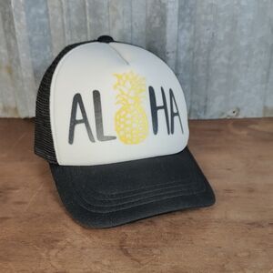 Aloha Pineapple Trucker Hat - Black and White with Yellow Accent